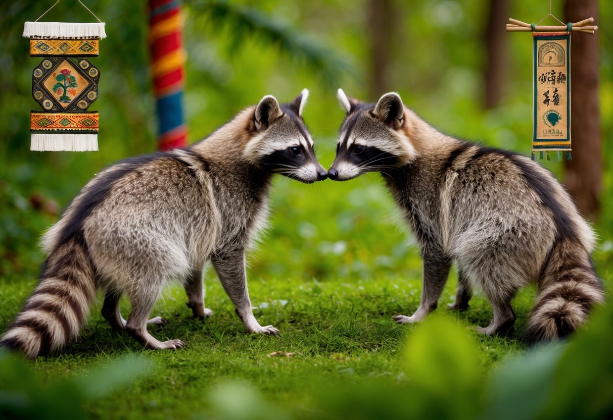 A pair of raccoon dogs grooming each other in a lush forest, surrounded by traditional cultural symbols and a backdrop of conservation efforts