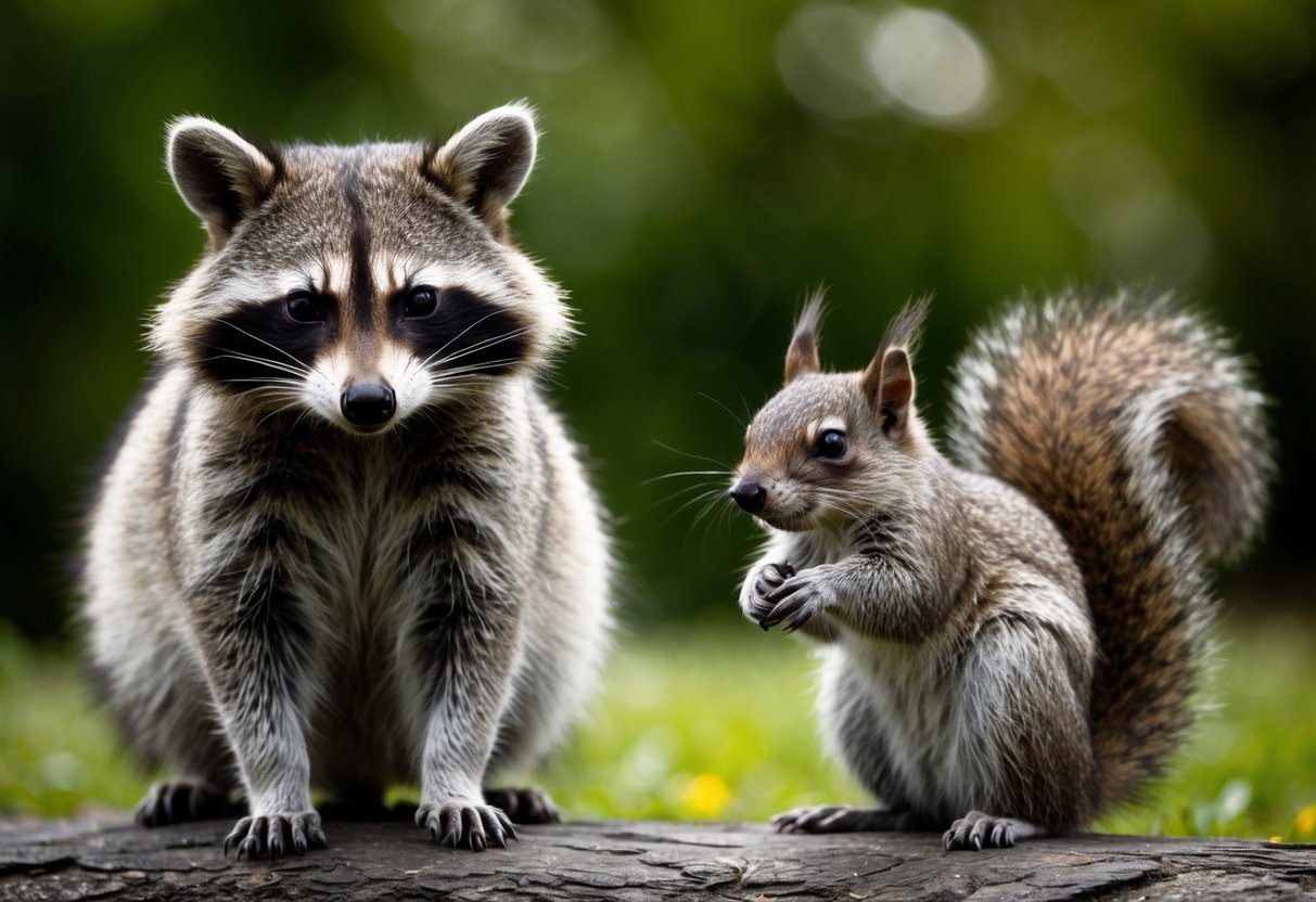 A raccoon and a squirrel stand side by side, each with distinct features. The raccoon has a mask-like pattern around its eyes and a ringed tail, while the squirrel has a bushy tail and no distinctive markings around its eyes