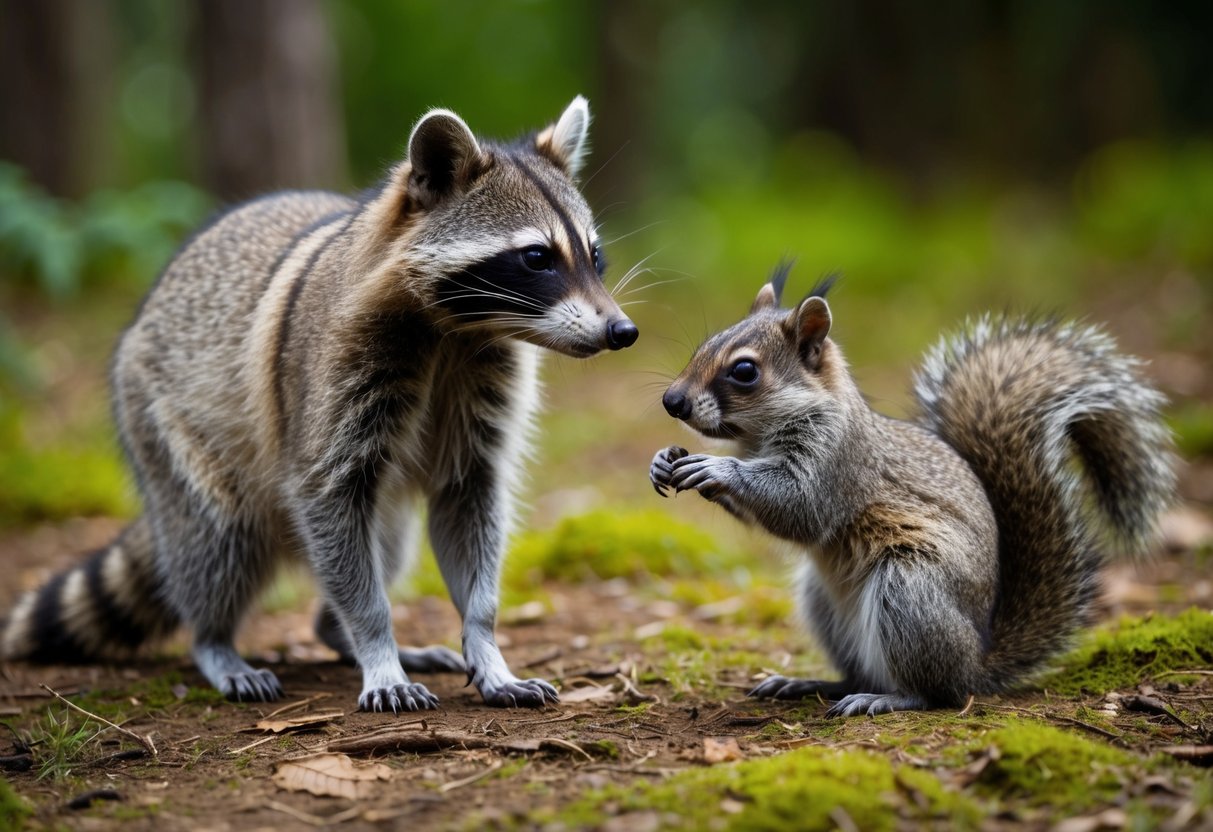 A raccoon and squirrel stand near each other in a wooded area, looking curiously at each other