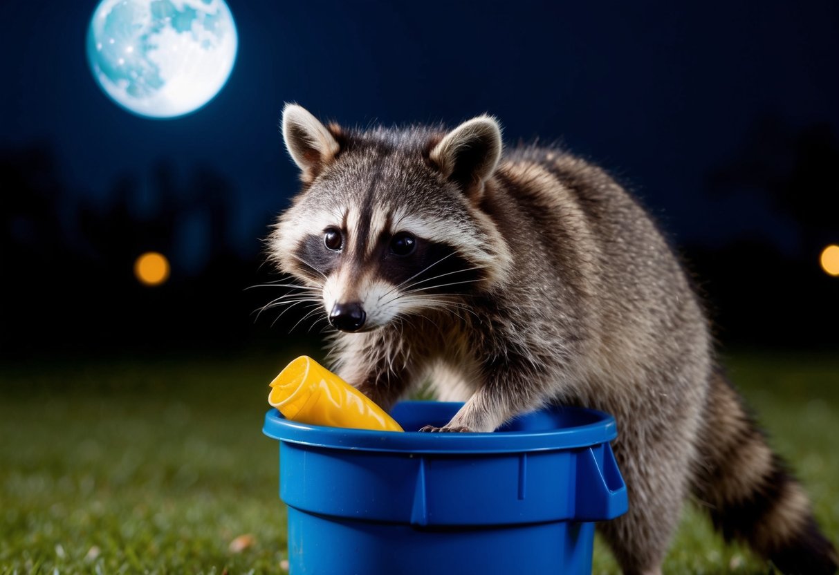 A raccoon with a mischievous glint in its eyes scavenges through a trash can under the moonlit night