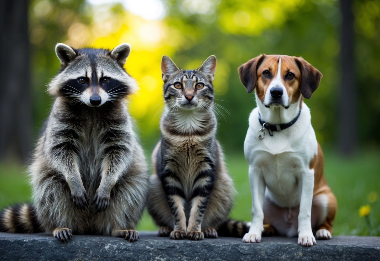 A raccoon, a cat, and a dog sitting side by side, each displaying their unique behavioral traits