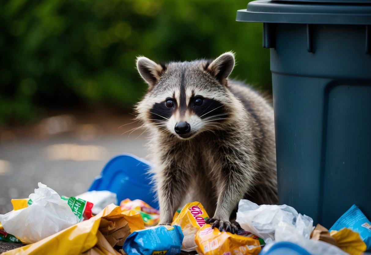 A raccoon with a mischievous expression peeking out from behind a trash can, surrounded by discarded food wrappers and scraps