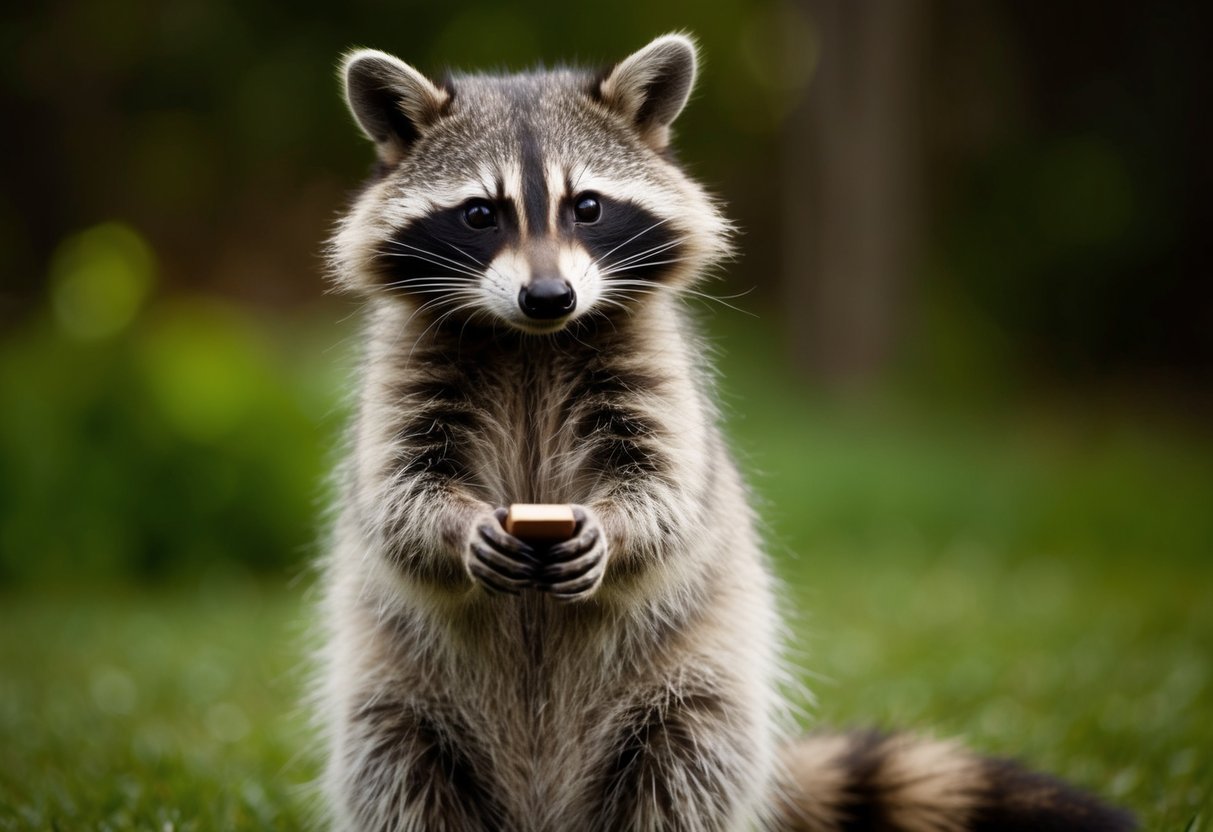 A raccoon standing on hind legs, holding a small object in its paws, with a mischievous glint in its eyes