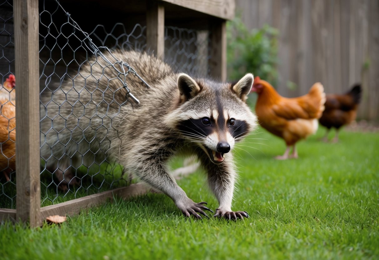 A raccoon with sharp claws and teeth tearing through chicken wire to access a coop of chickens