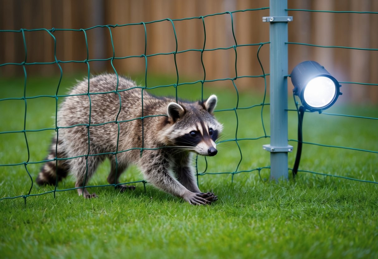 A raccoon attempting to break through chicken wire, while a sturdy fence and motion-activated lights provide effective security measures