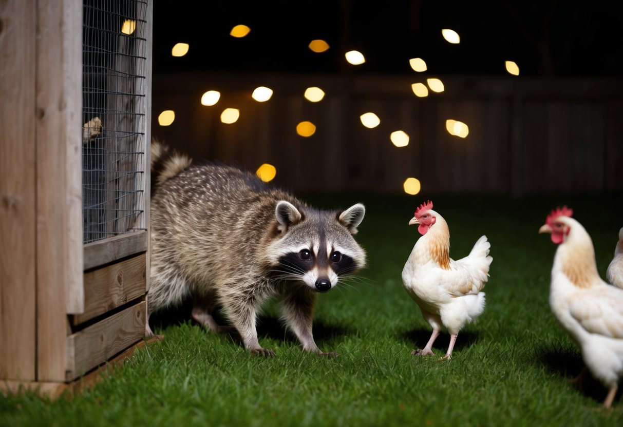A raccoon sneaks into the chicken coop at night, its eyes glowing in the dark as it pounces on unsuspecting chickens