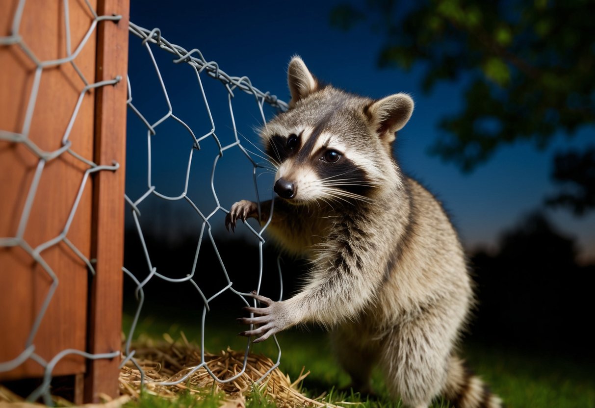 A raccoon clawing at chicken wire surrounding a coop at night