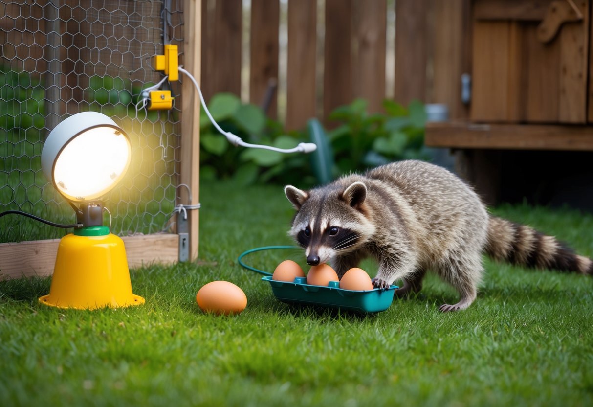 A raccoon trap baited with eggs and positioned near the chicken coop. A motion-activated light and sound deterrent system set up around the perimeter