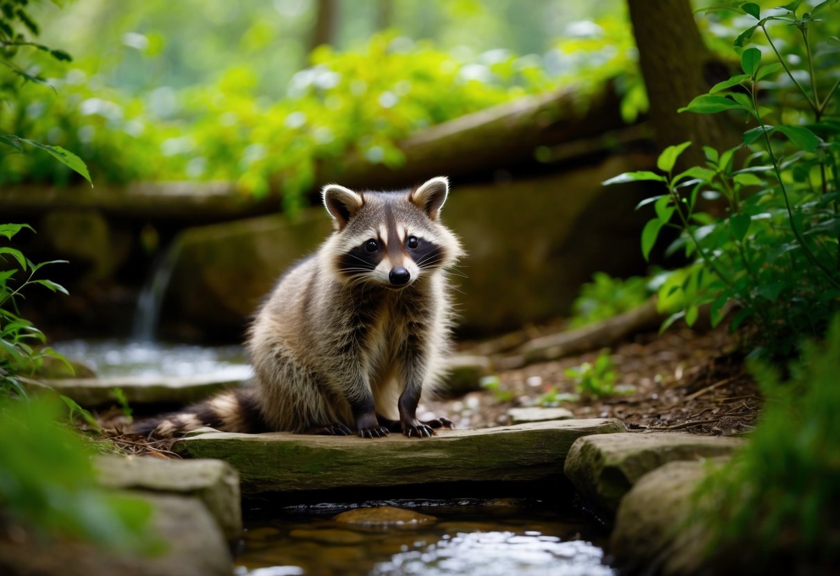 A raccoon sits in a cozy, forested enclosure with a small stream running through it. The lush greenery and natural setting create a peaceful and serene atmosphere
