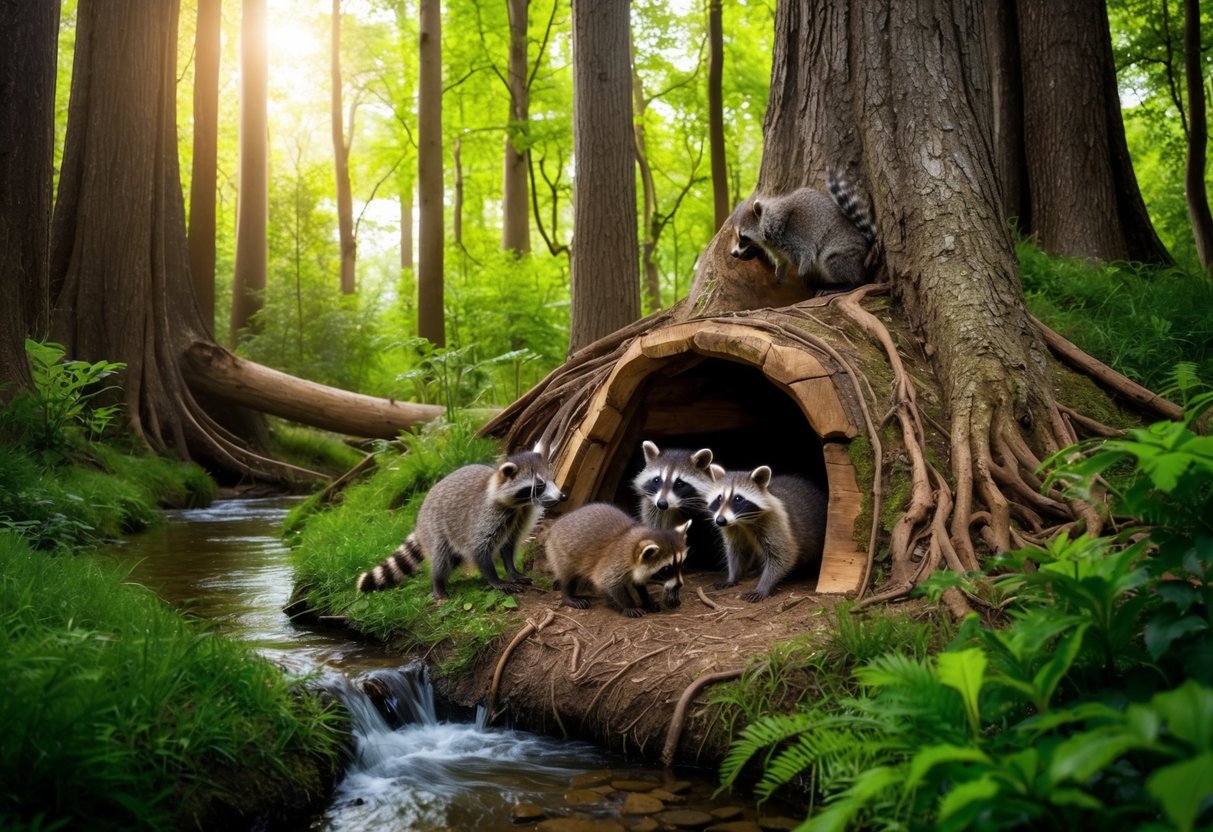 A lush forest with tall trees, a winding stream, and a cozy den nestled among the roots, where a family of wild raccoons play and explore