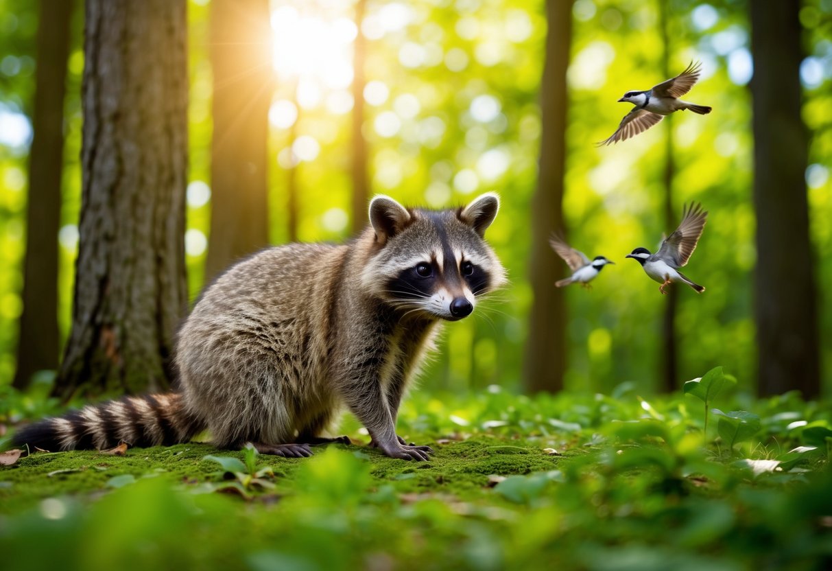 A raccoon sits on a lush green forest floor, surrounded by tall trees and chirping birds. The sun shines through the canopy, casting dappled light on the curious creature