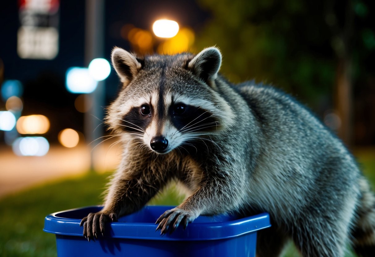 A raccoon forages through a trash can at night, its agile paws and masked face illuminated by a streetlight