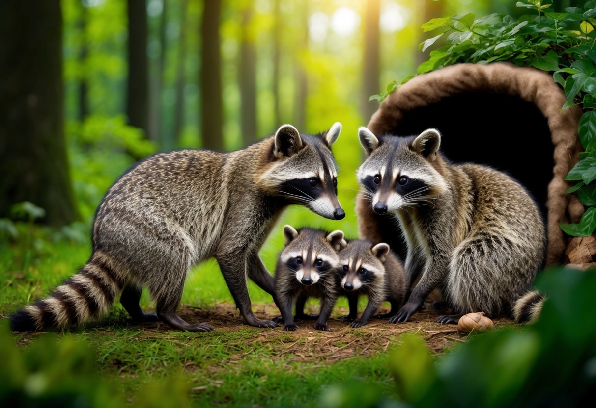 A family of raccoons forages in a lush forest, while a mother nurses her young in a cozy den