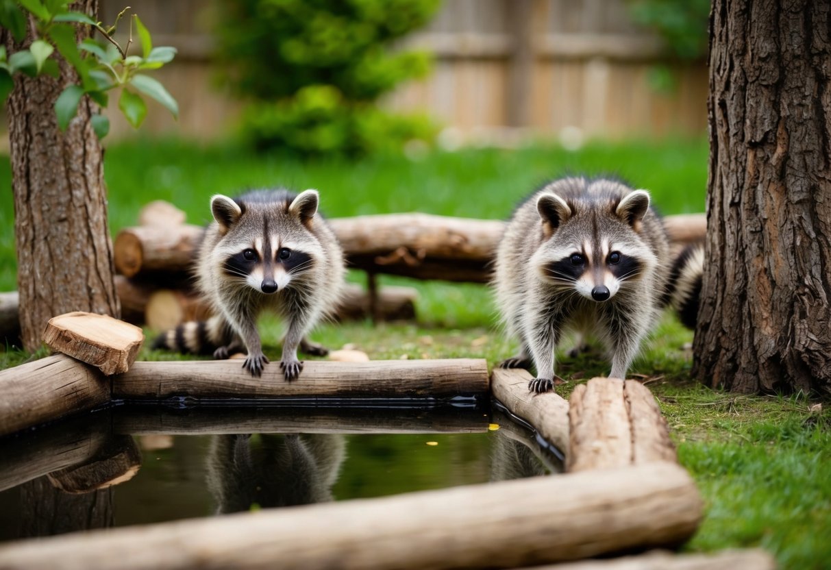A cozy outdoor enclosure with trees, logs, and a small pond, providing a natural habitat for pet raccoons