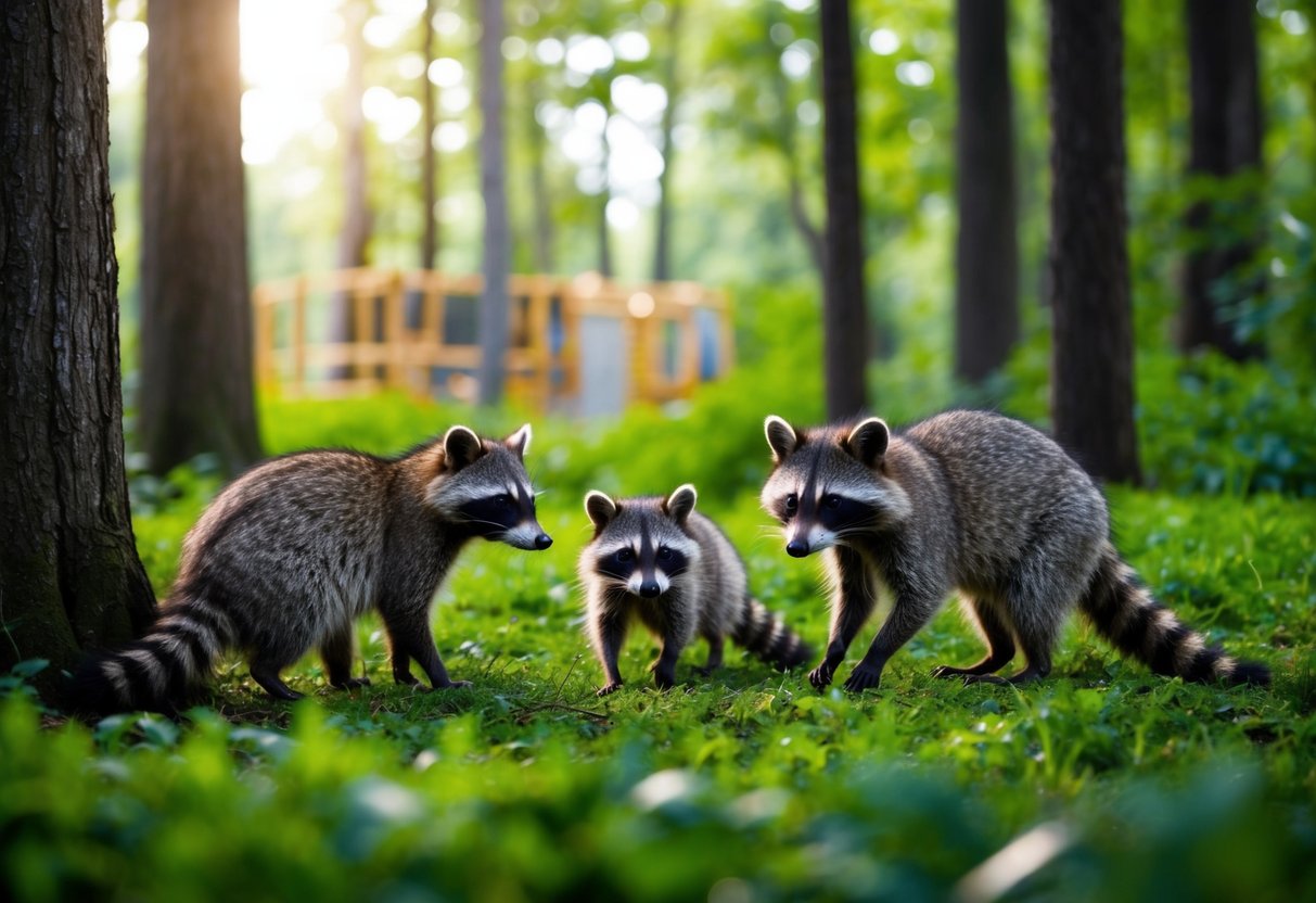 A family of raccoons forages in a lush forest, while nearby, a construction site encroaches on their habitat