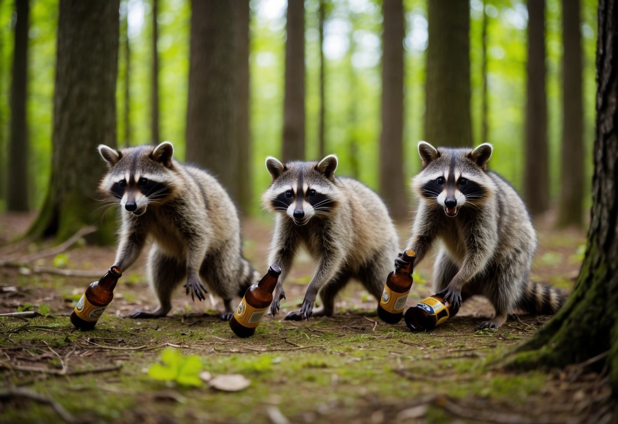 In a German forest, raccoons comically stumble around with beer bottles, causing chaos and mischief