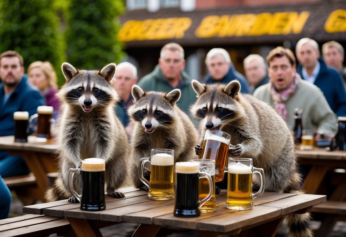 A group of raccoons raiding a beer garden in Germany, knocking over tables and guzzling from abandoned steins as startled onlookers watch