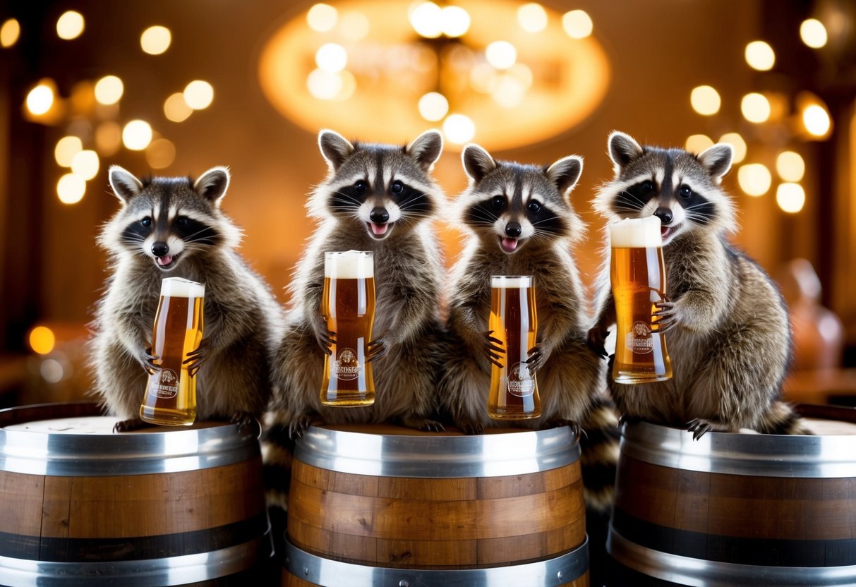Beer-drunk raccoons partying atop German beer barrels