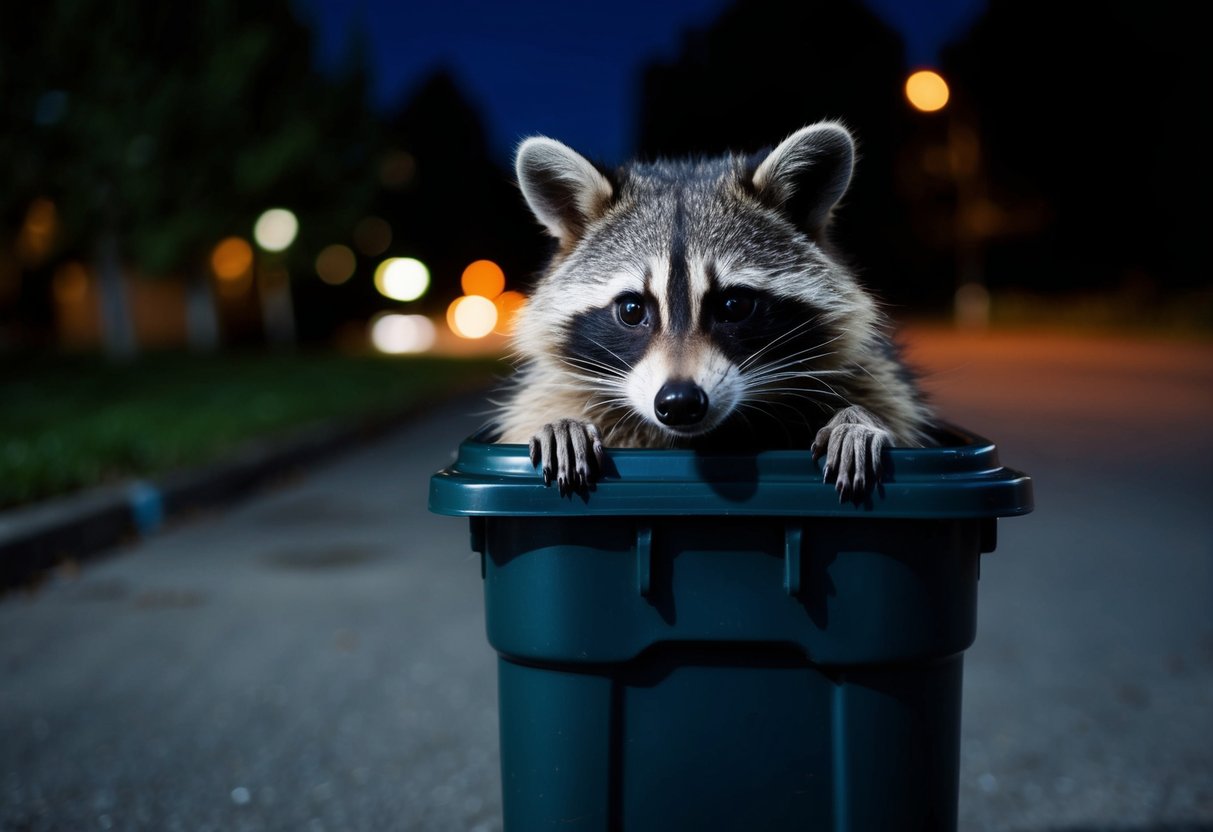 A raccoon cautiously peers out from behind a trash can at night