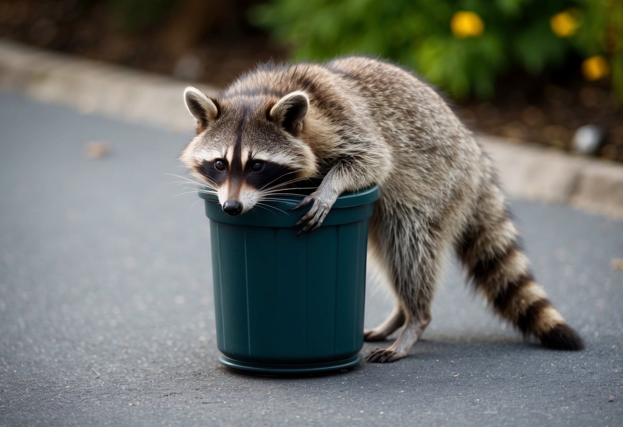 A raccoon cautiously approaches a trash can, its masked face curious yet wary. The creature's body language conveys a mix of intelligence and caution