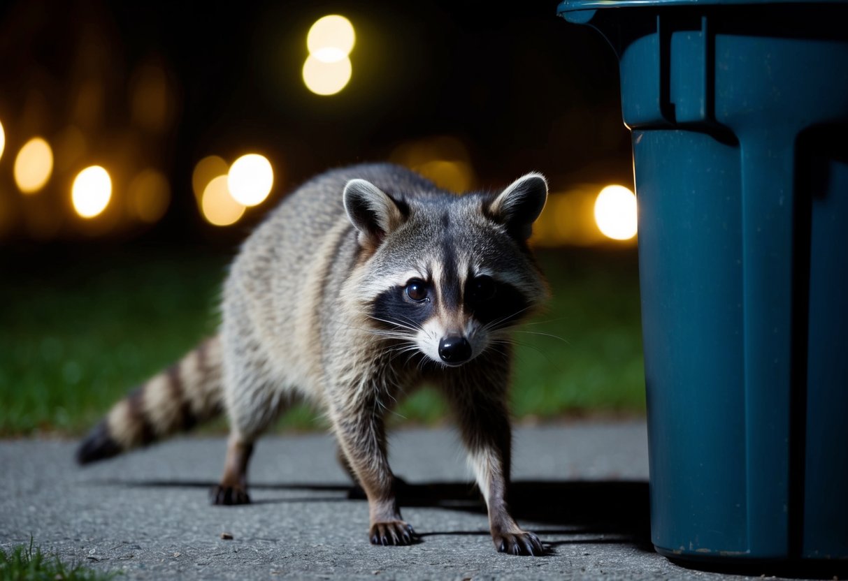 A raccoon cautiously approaches a trash can at night, its eyes gleaming in the darkness as it searches for food