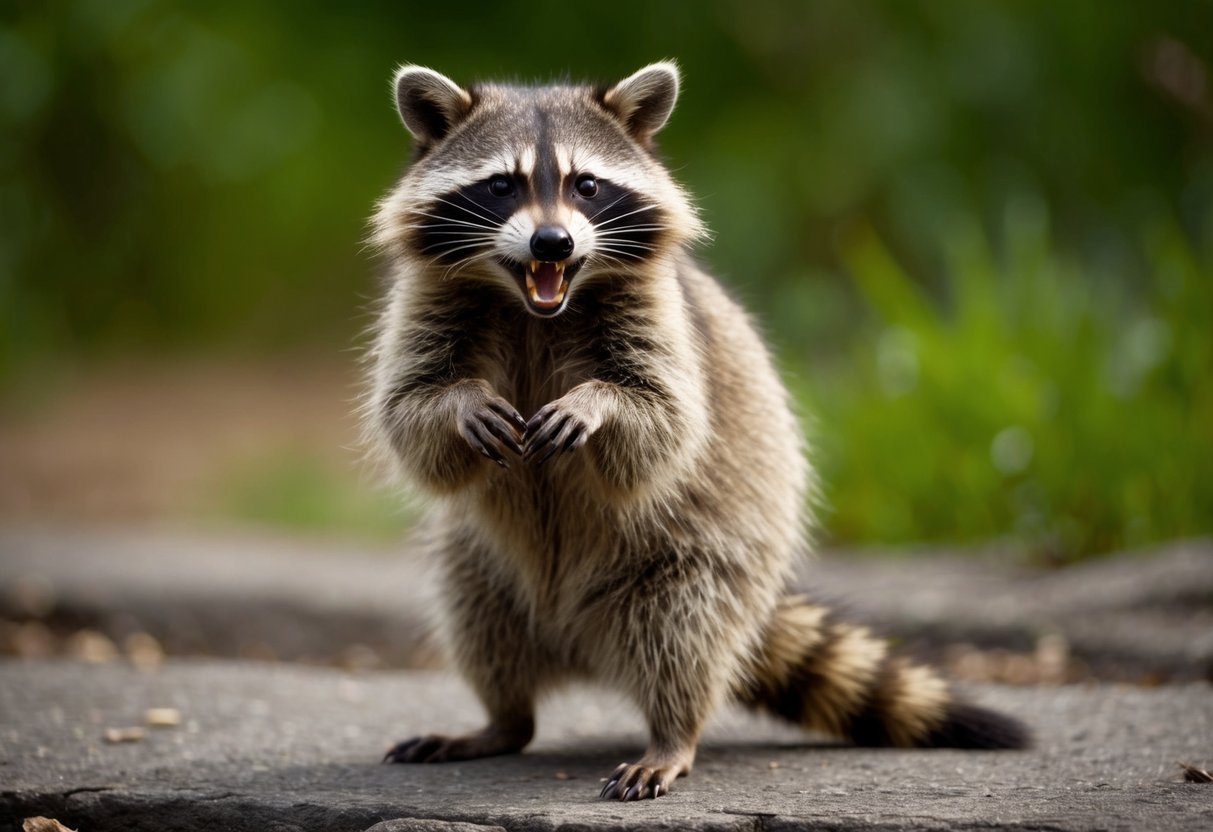 A raccoon bares its teeth and hisses, standing on its hind legs. Its fur bristles as it defends its territory