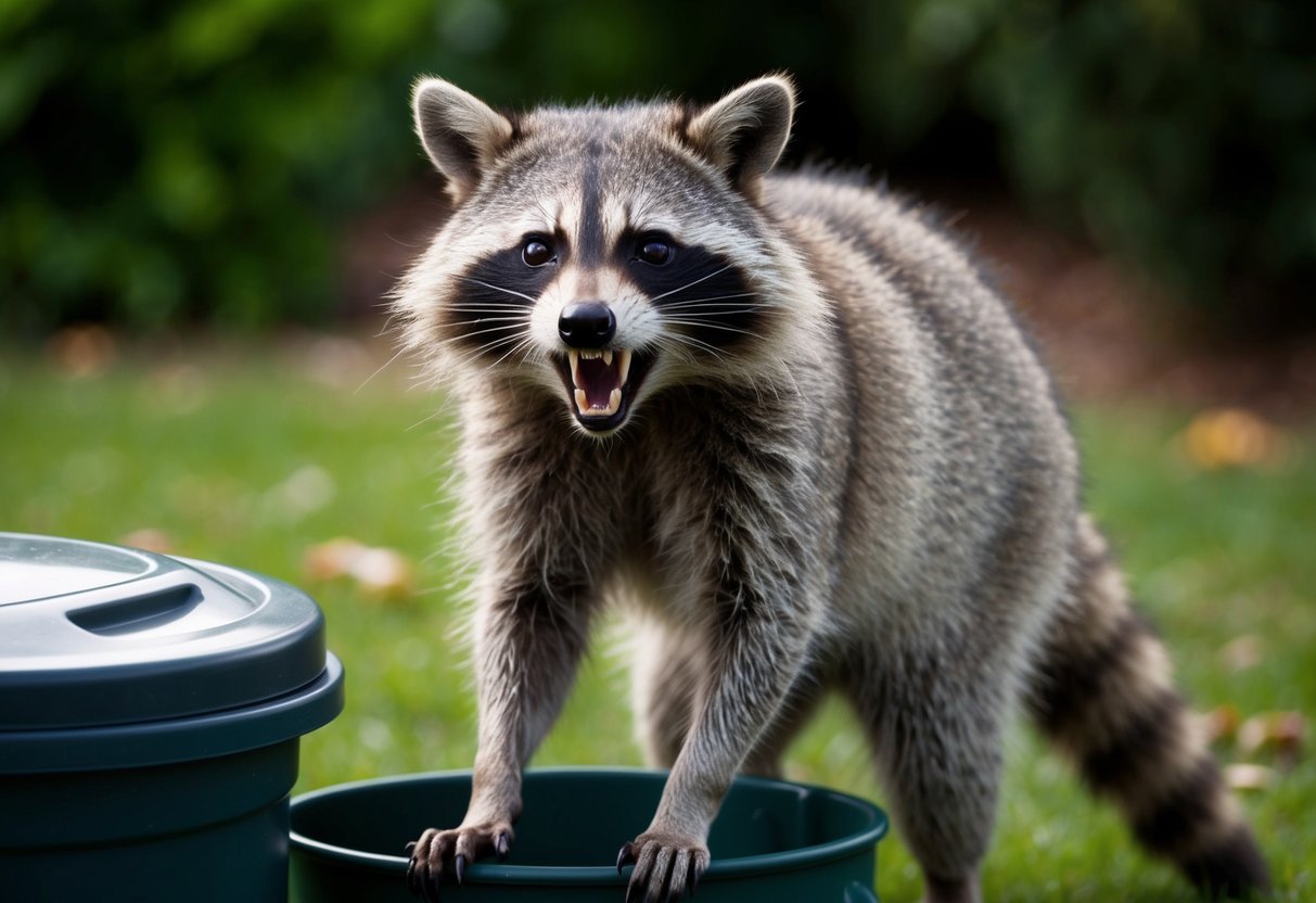A raccoon snarls, baring its sharp teeth and claws, while standing near a trash can. Its fur is matted and its eyes gleam with a feral glint