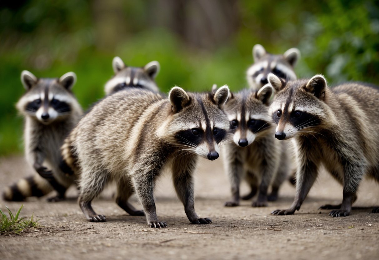 A raccoon cautiously approaches a group of other raccoons, displaying defensive body language