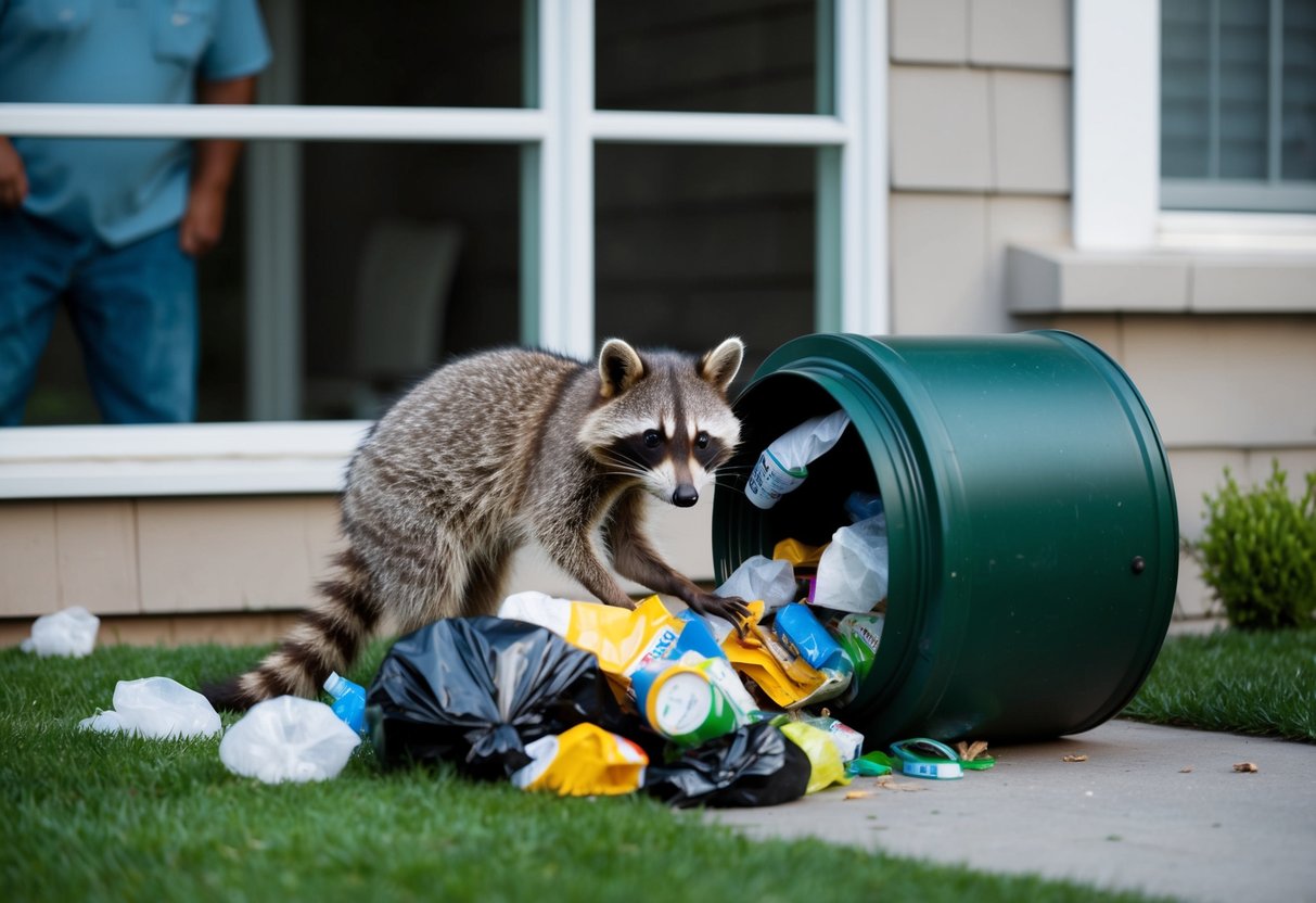 A raccoon rummages through a toppled trash can, scattering garbage across a suburban backyard. The homeowner looks on with frustration from the window
