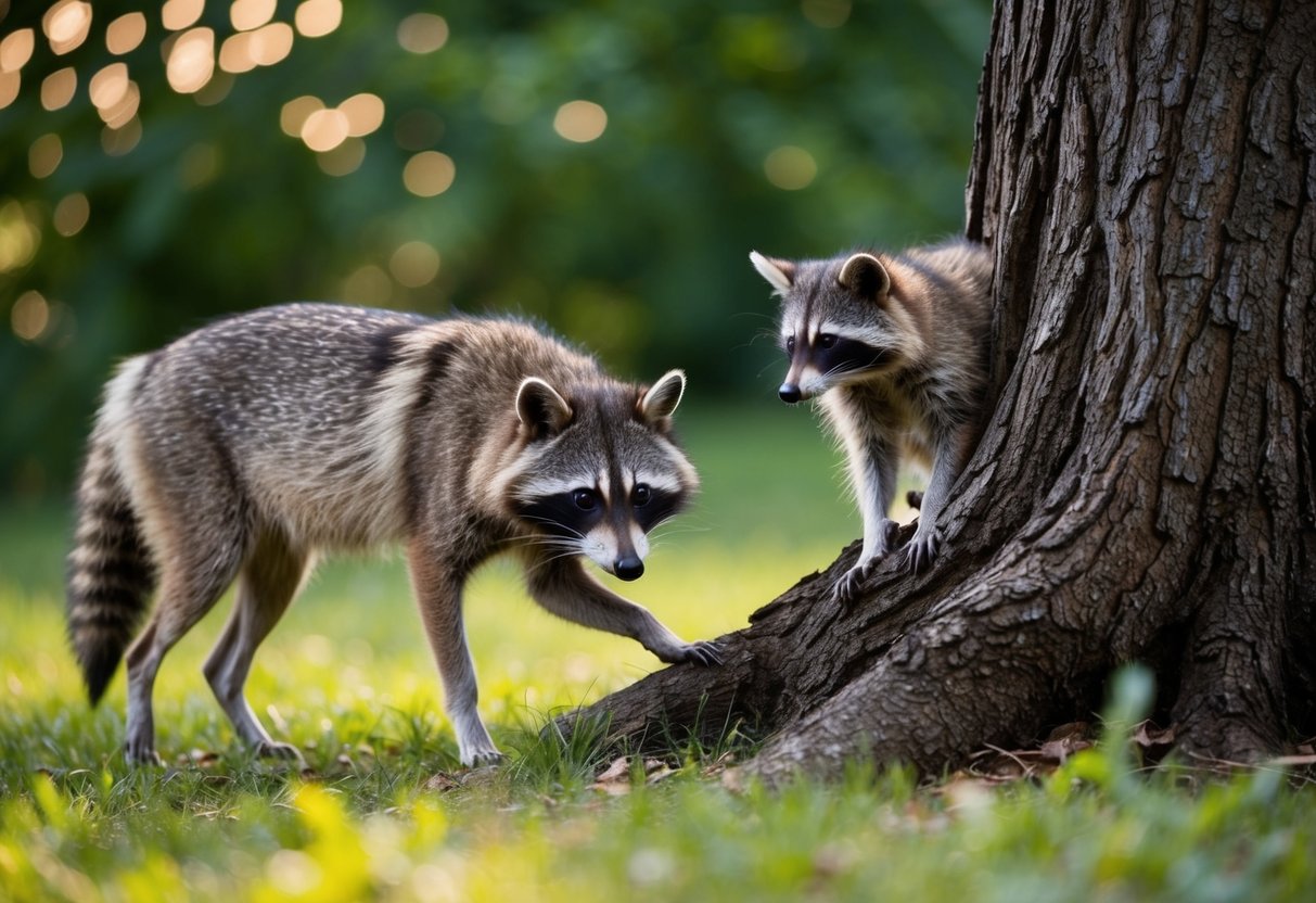 A raccoon cowers in a tree as a large wolf prowls below