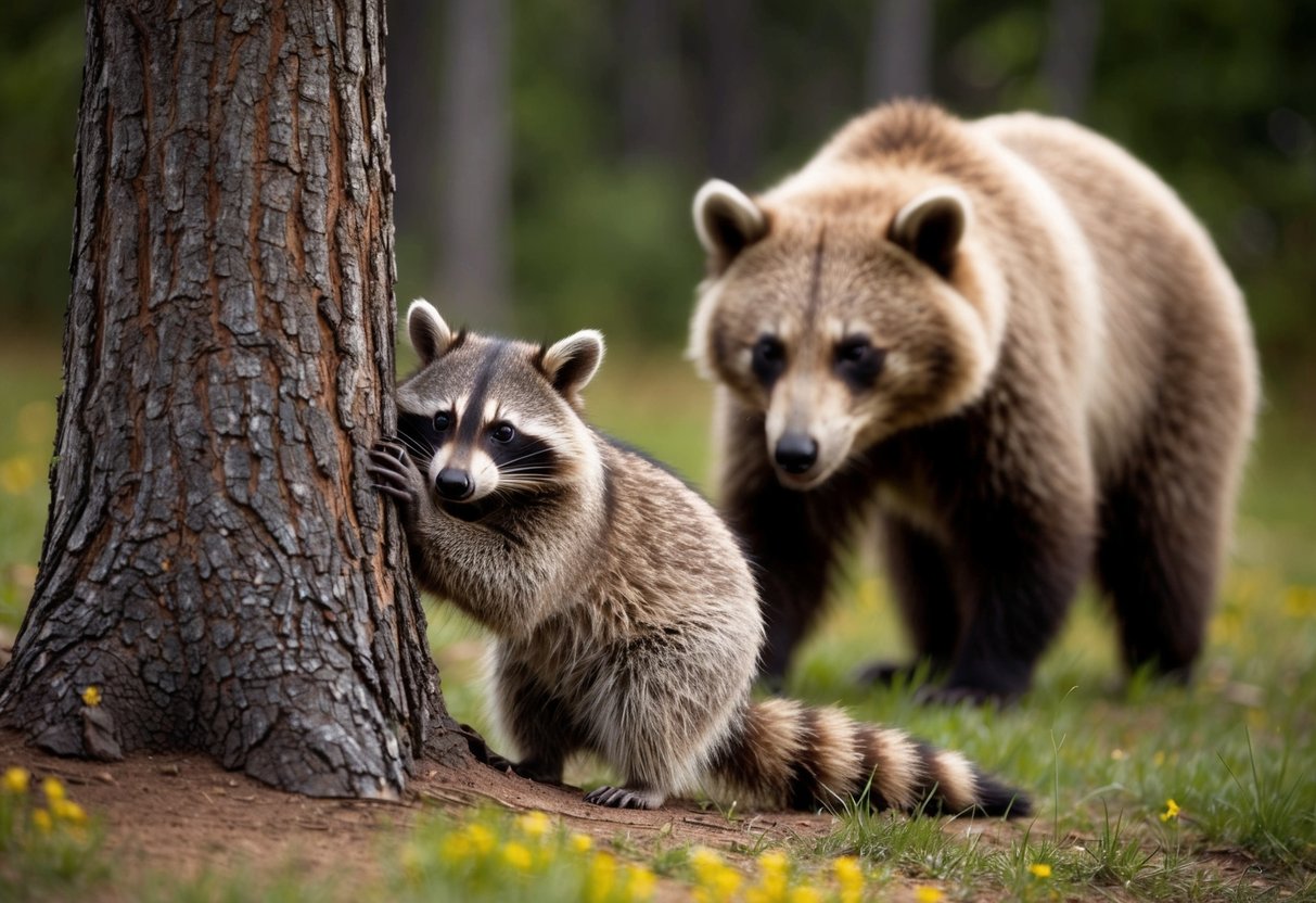 A raccoon cowers behind a tree, trembling as a large bear approaches