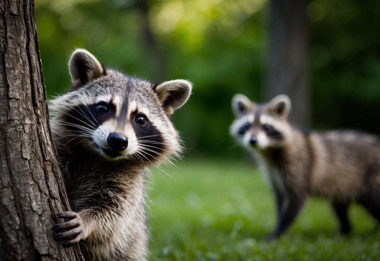 A raccoon cautiously peers out from behind a tree, eyeing a larger predator in the distance