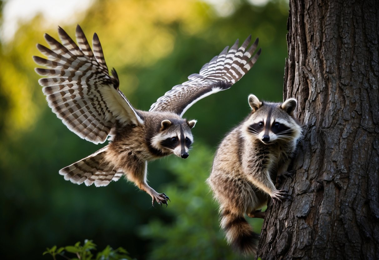 A raccoon cowers in a tree as a large owl swoops down, its talons outstretched, ready to strike