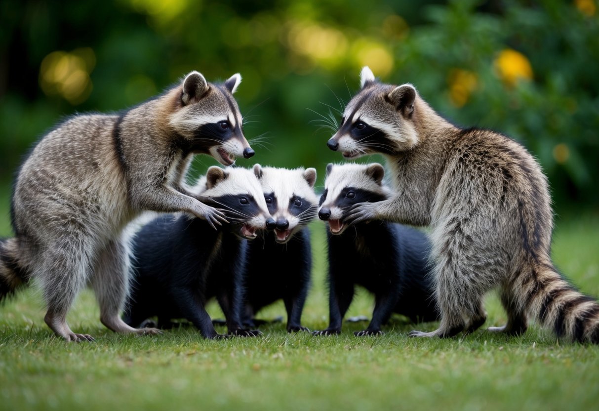Raccoons hiss at a group of aggressive skunks, their fur bristling as they defend their territory