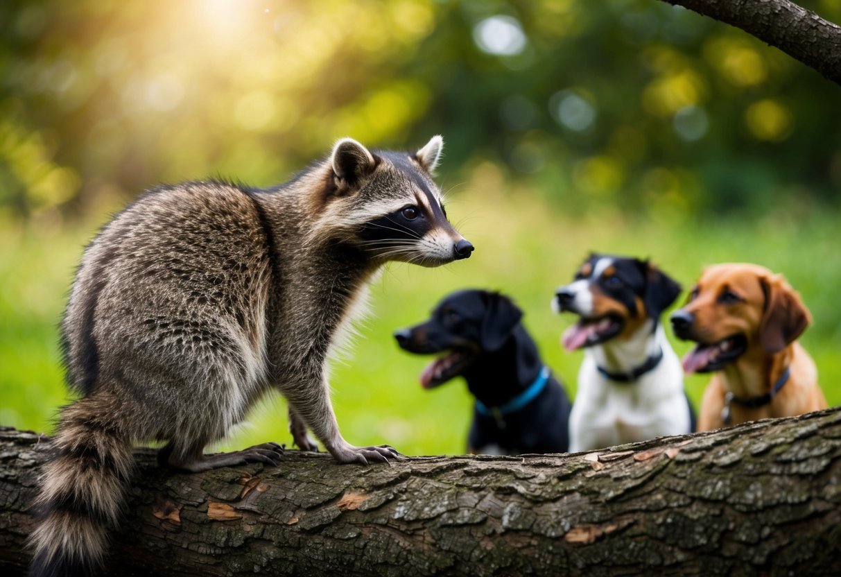 A raccoon glaring at a group of barking dogs from the safety of a tree branch