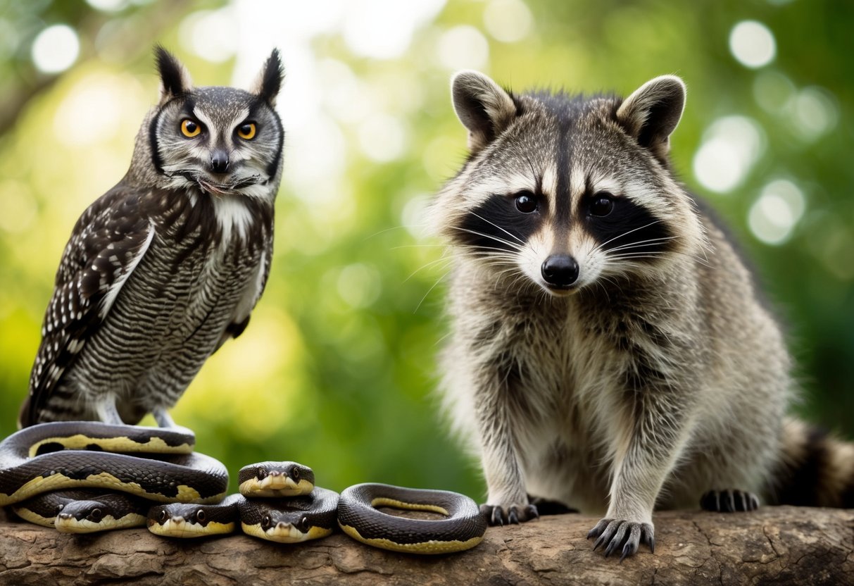 A raccoon glaring at a group of hissing snakes, while a barred owl looms overhead