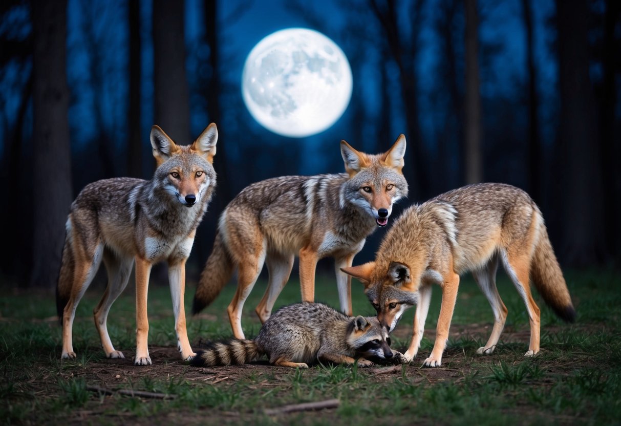 A family of coyotes scavenging in a moonlit forest, feasting on a raccoon they have caught.