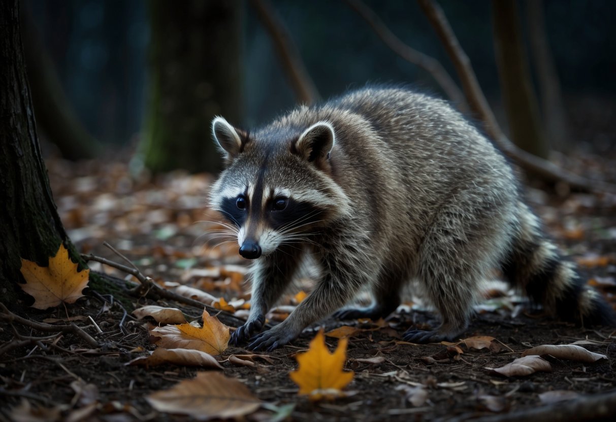 A raccoon scavenging for food in a dark, wooded area, surrounded by fallen leaves and branches.