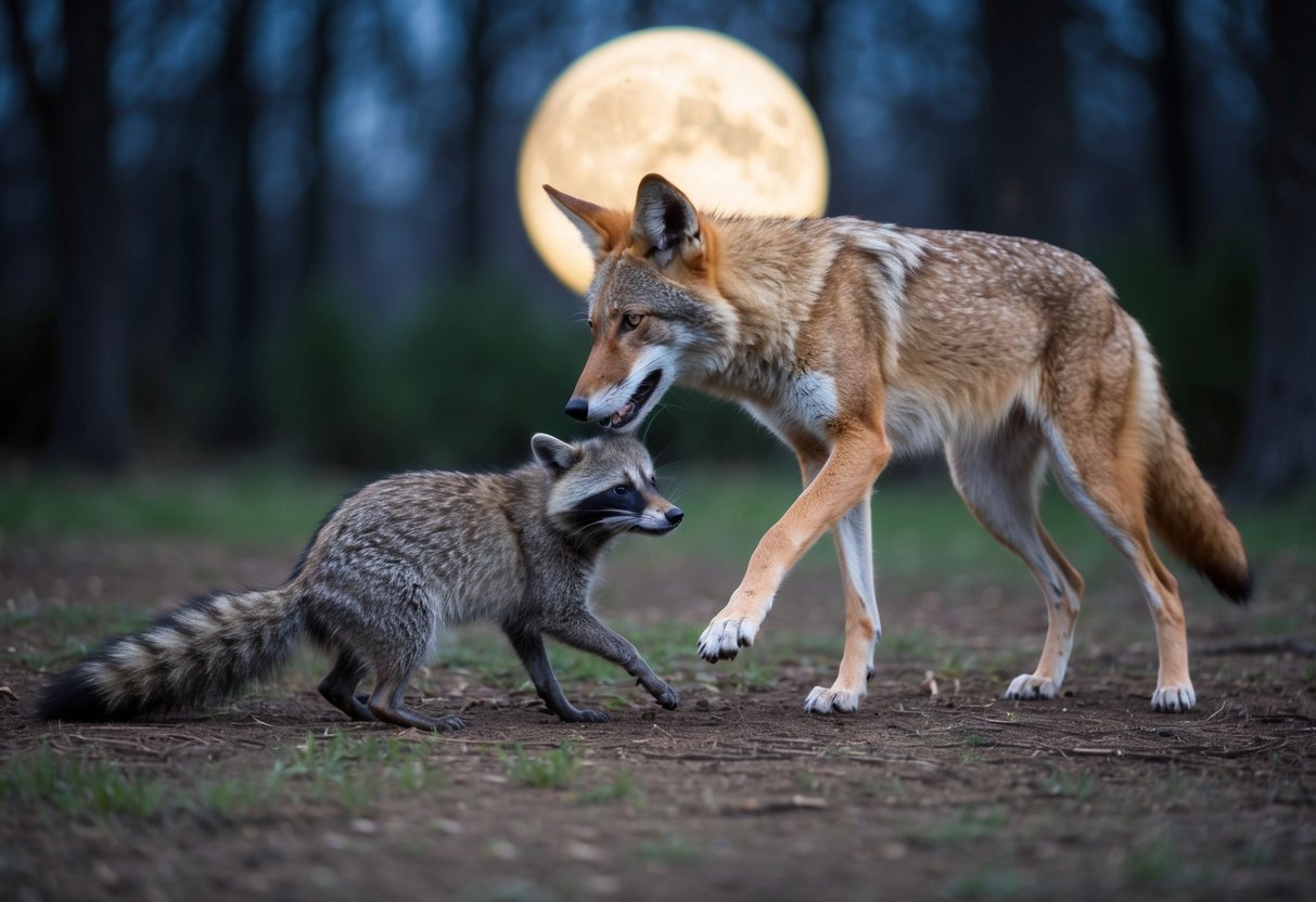 A coyote pounces on a raccoon in a moonlit forest clearing.