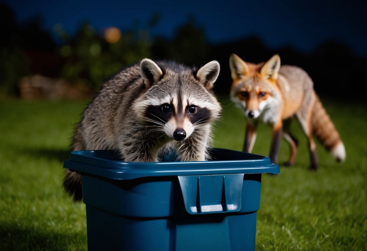 A raccoon scavenges through a trash can at night, while a fox lurks nearby.