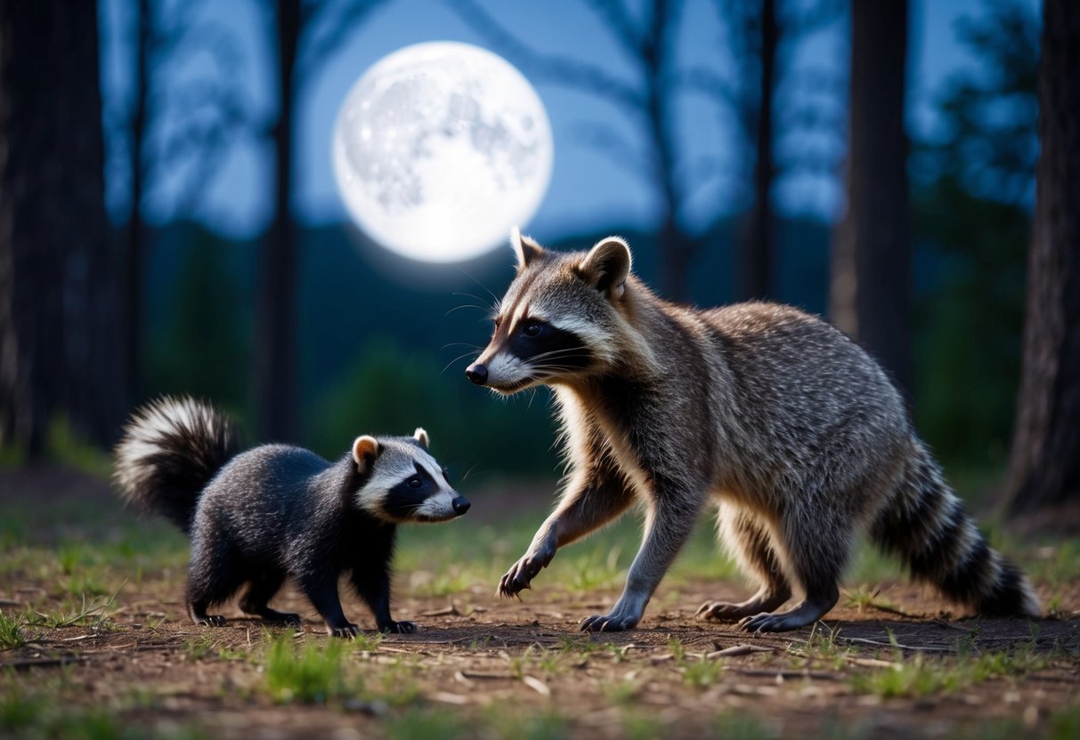 A raccoon approaches a skunk cautiously in a moonlit forest clearing