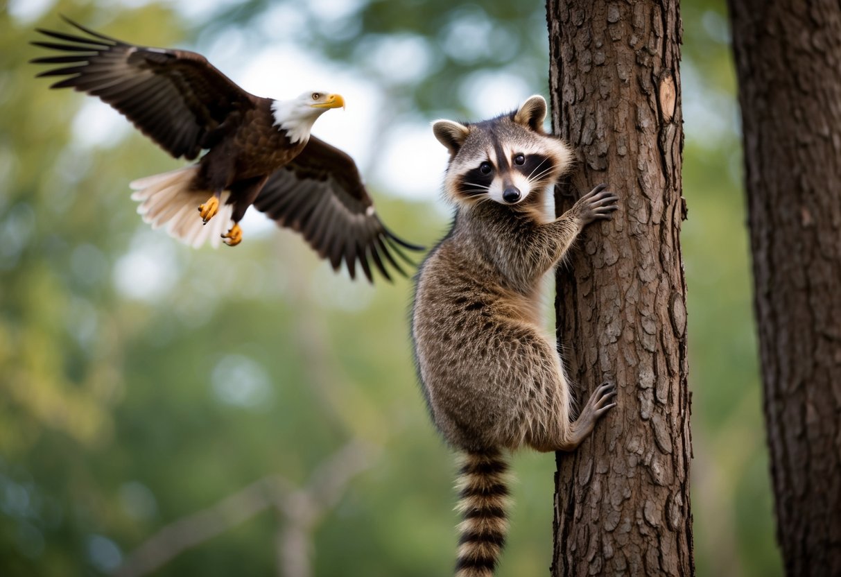 A raccoon climbing a tree, while a bald eagle circles overhead.