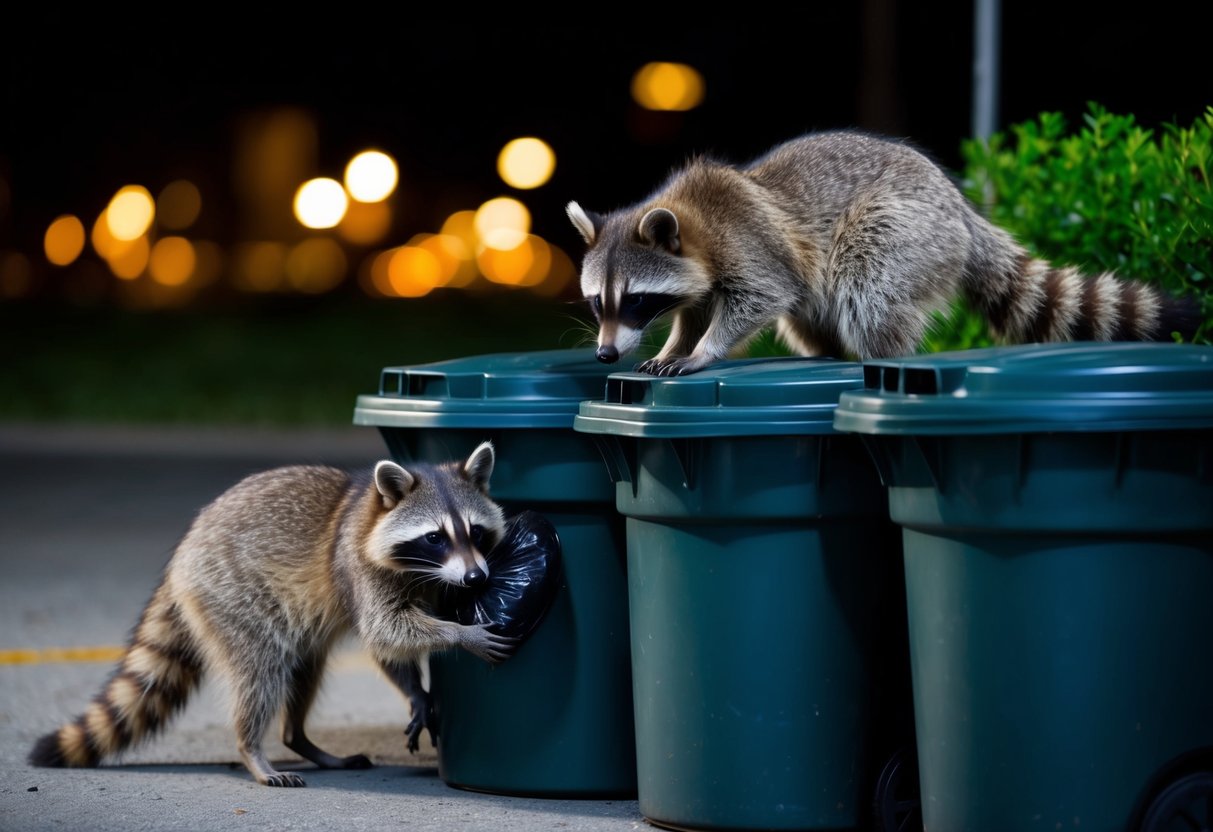 A family of raccoons rummaging through trash cans at night