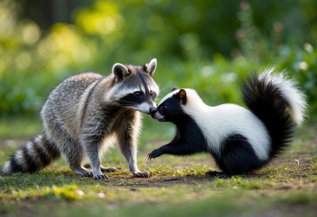 A raccoon and skunk in their natural habitats, cautiously avoiding each other