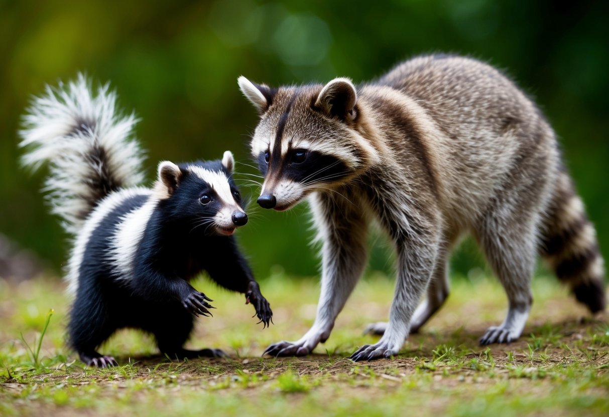 A raccoon cautiously approaches a skunk, both showing defensive body language. The raccoon sniffs the air while the skunk raises its tail defensively