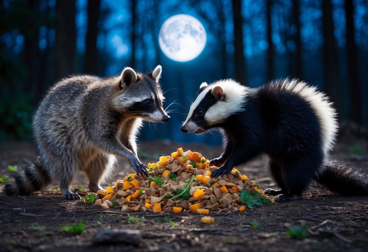 A raccoon and skunk face off near a pile of food scraps in a moonlit forest clearing