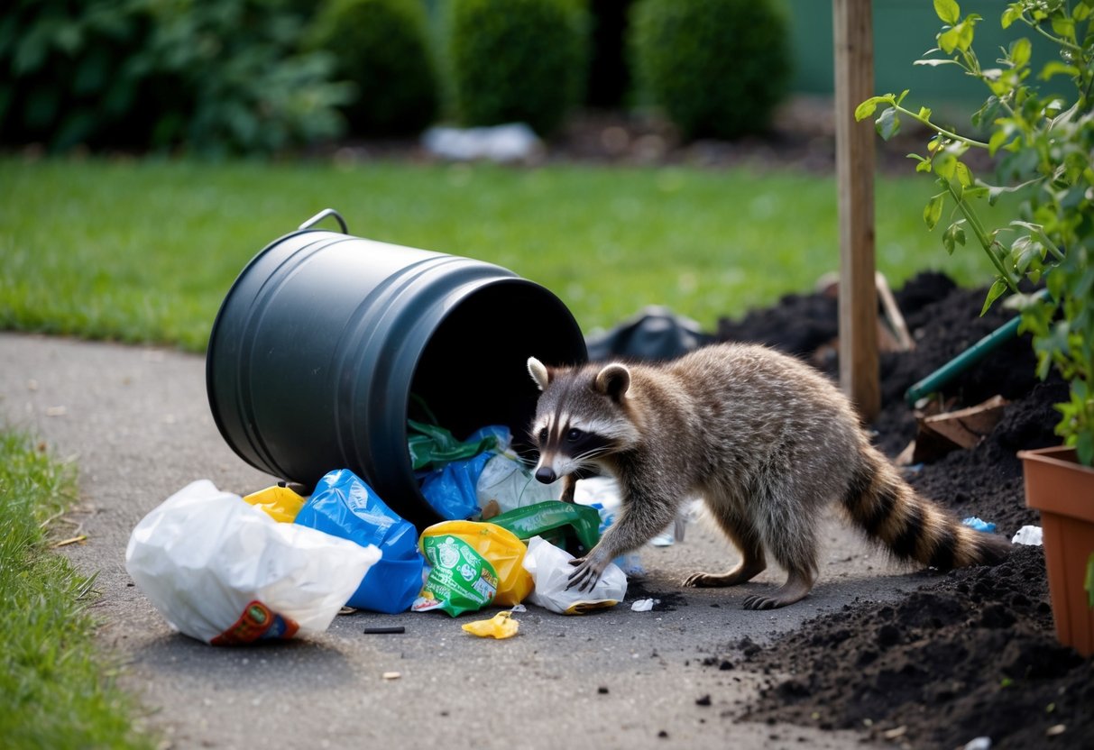 A raccoon rummages through a tipped-over trash can, scattering garbage on the ground. Nearby, a garden is ravaged with upturned soil and damaged plants