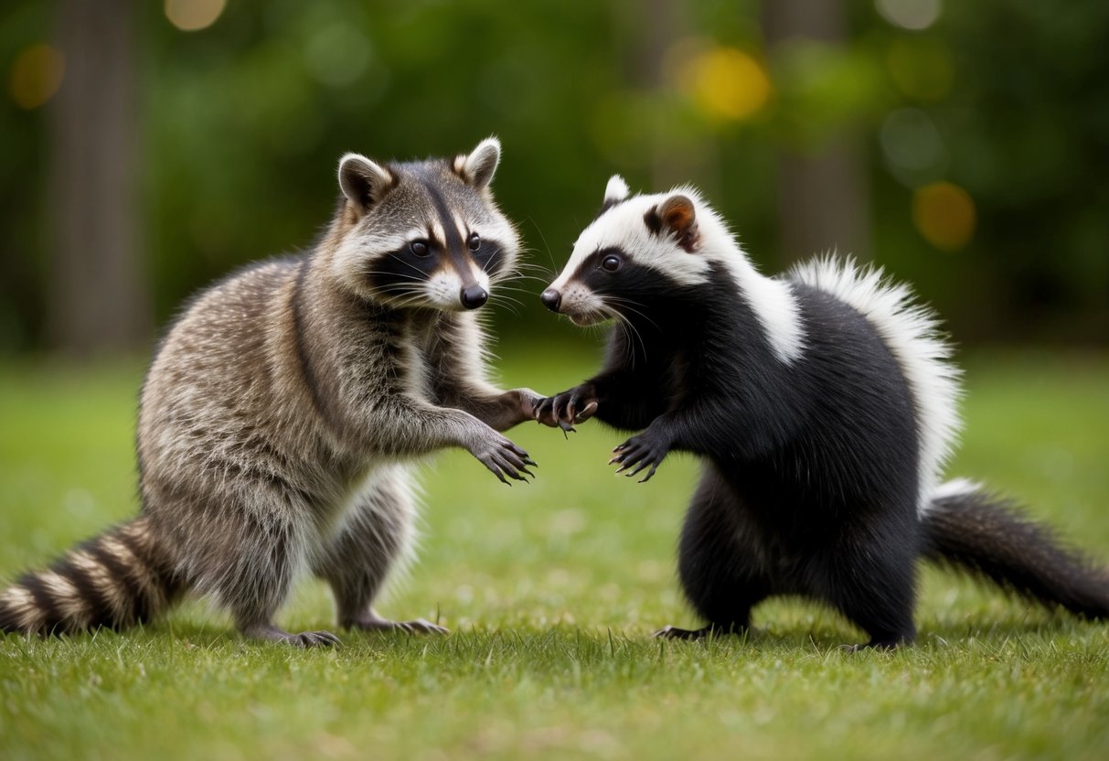 A raccoon and a skunk face off, both poised to defend themselves