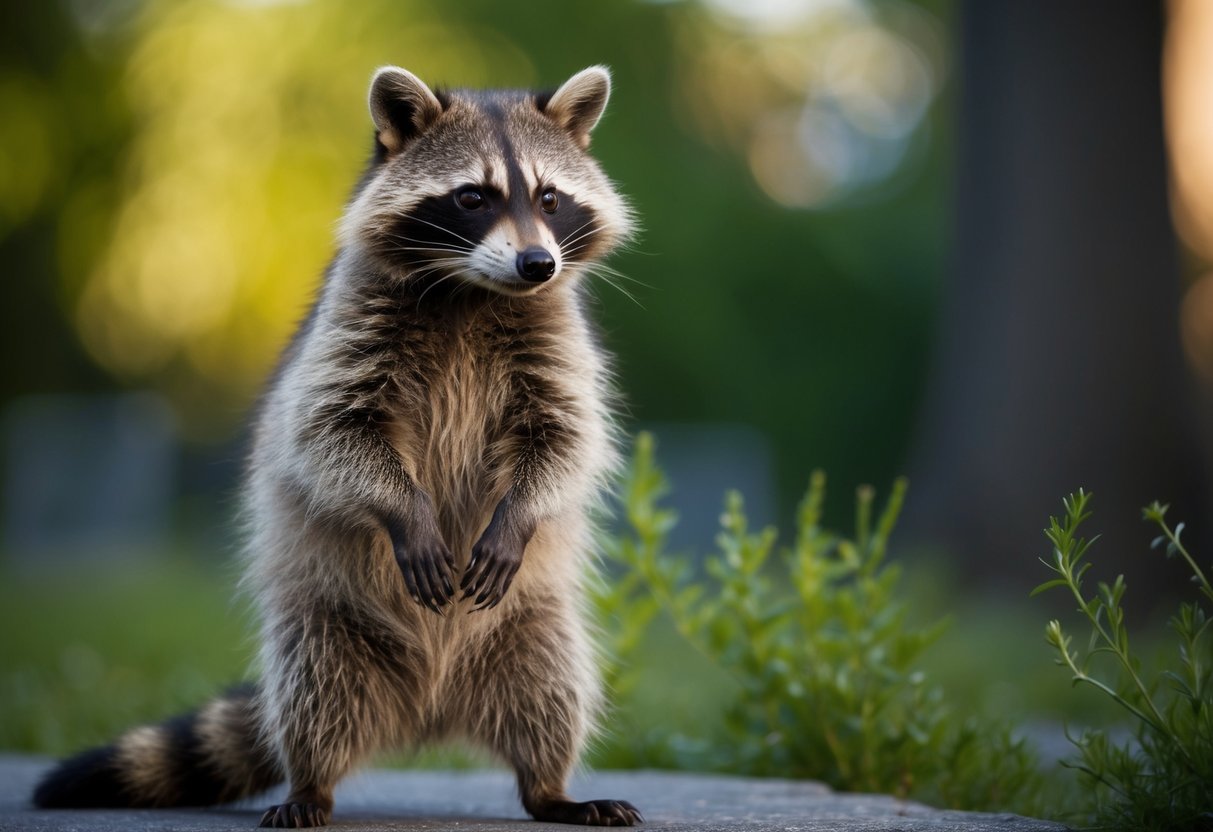A raccoon with bear-like body and cat-like face, standing on hind legs, looking puzzled