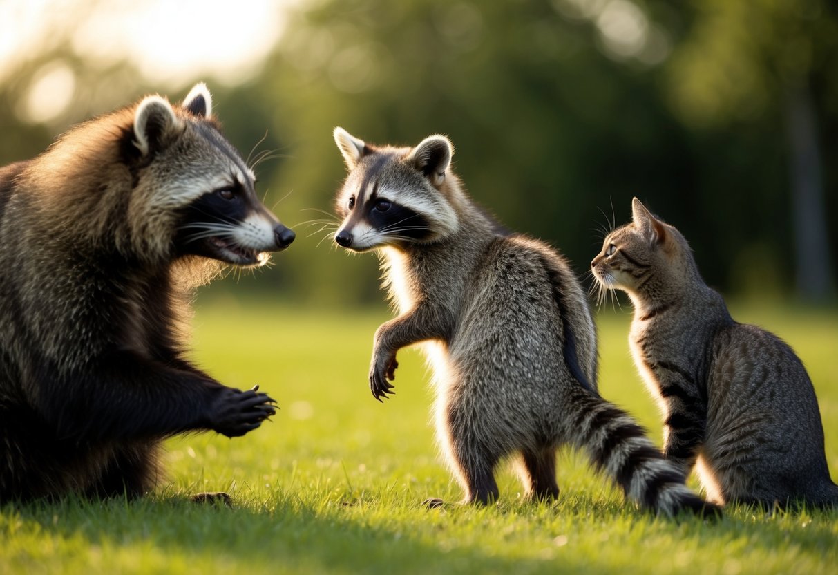 A raccoon stands on its hind legs, peering curiously at a bear and a cat, comparing their features